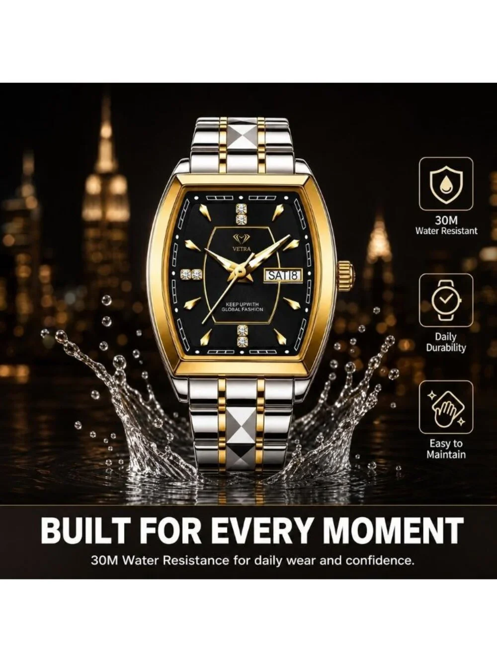 Women's Black Two Tone Stainless Steel Waterproof Casual Dress Date Wrist Watch